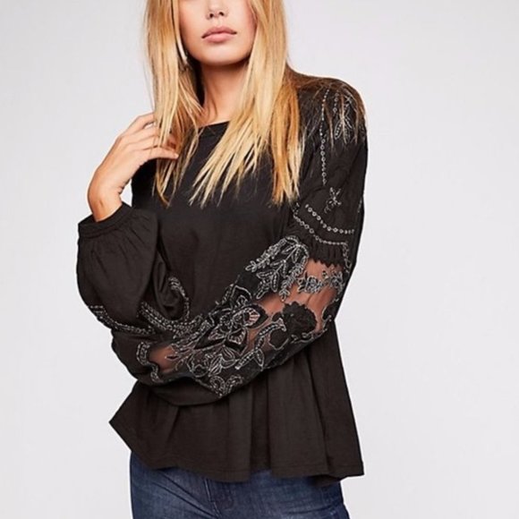 Free People Tops - Free People Embroidered Penny Top Black Small